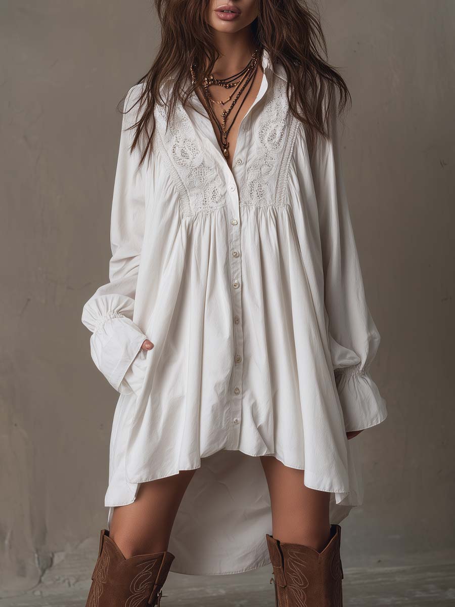 Retro-style Lace Irregular Hem Long-sleeved Mini Dress