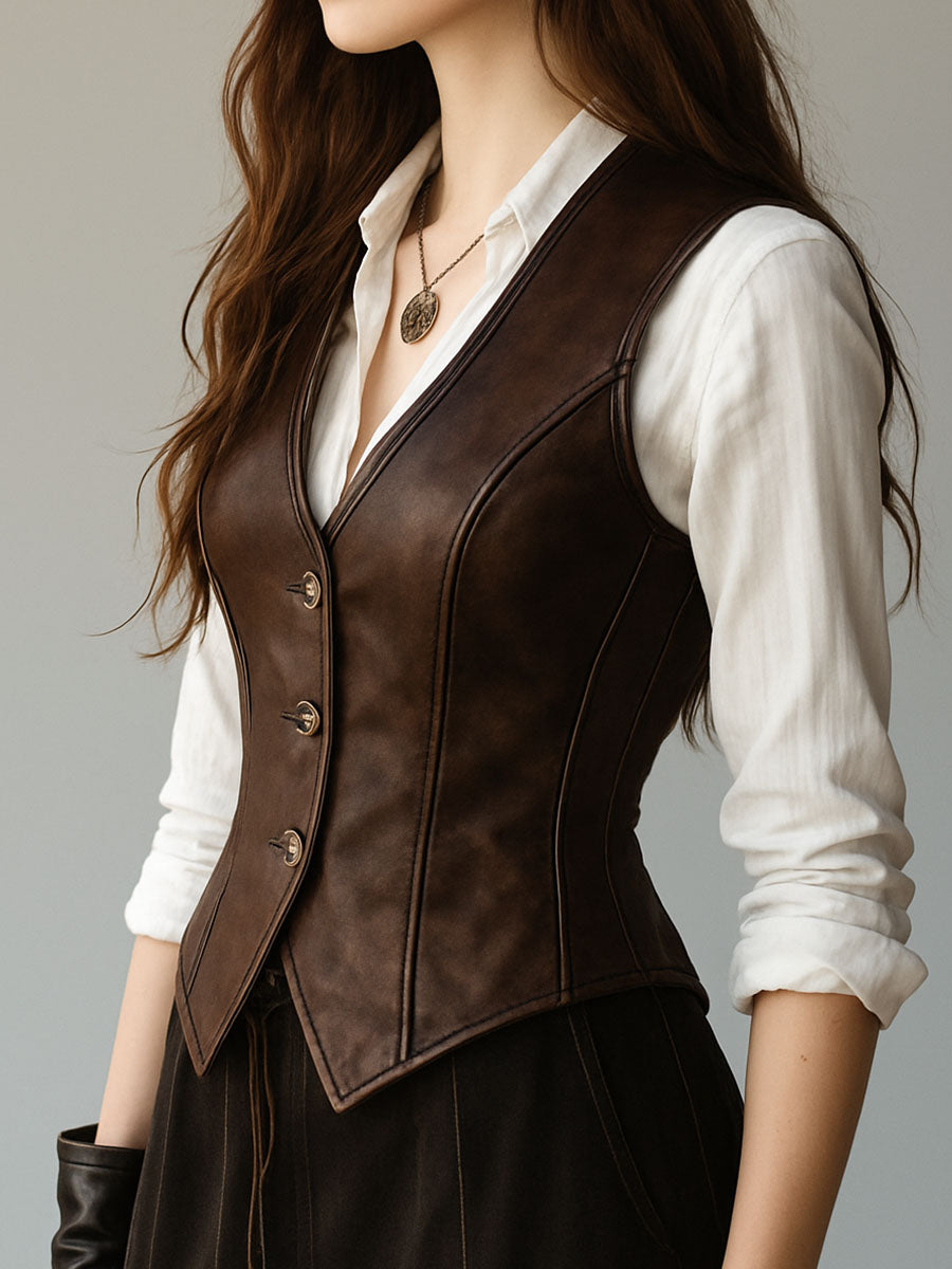 Retro Waist-cinched Button Down Leather Waistcoat