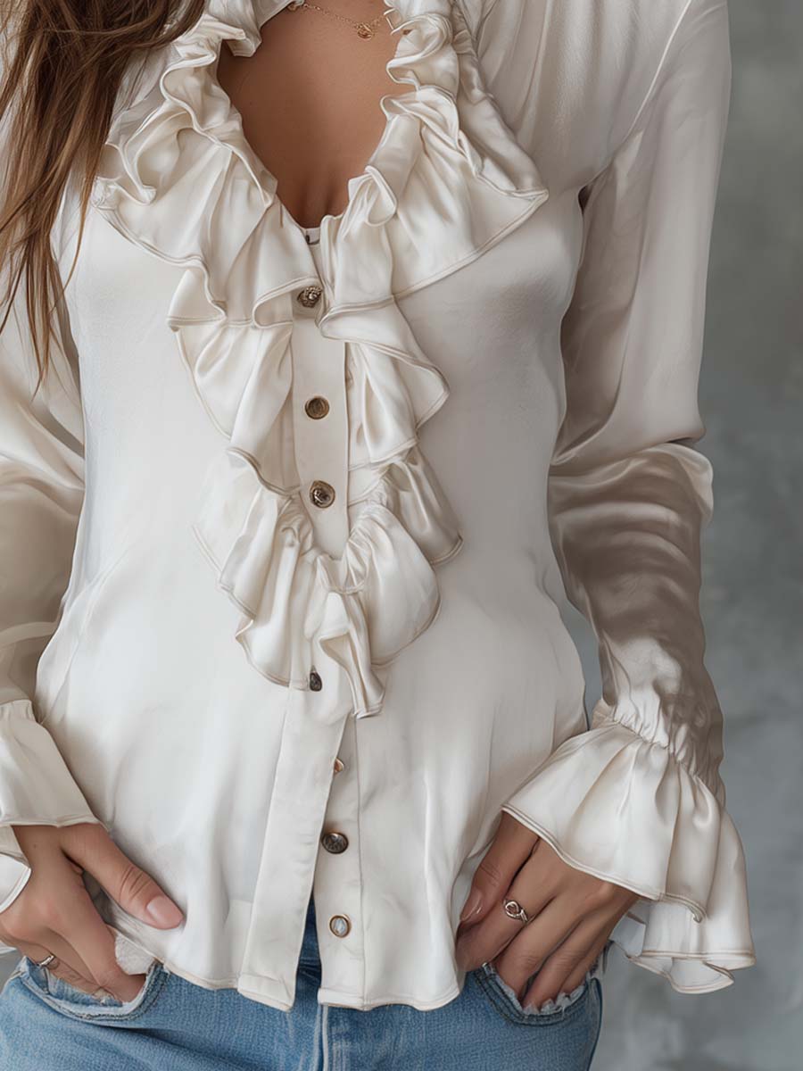Retro Ruffle Collar Polyester Satin Long Sleeve Blouse