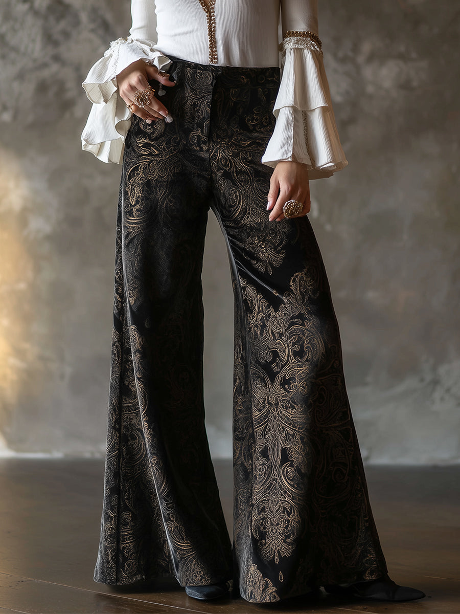 Vintage High-waisted Velveteen Paisley Print Wide-leg Pants