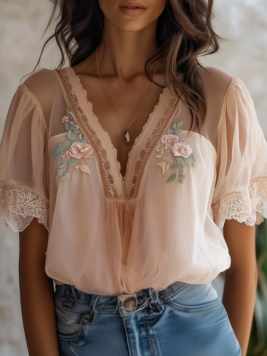 Boho Floral Embroidered Chiffon Blouse