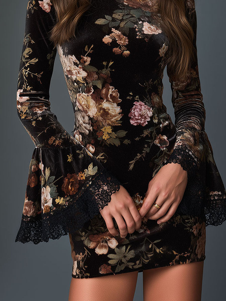 High Neck Velvet Floral Lace-Trim Mini Dress With Bell Sleeve