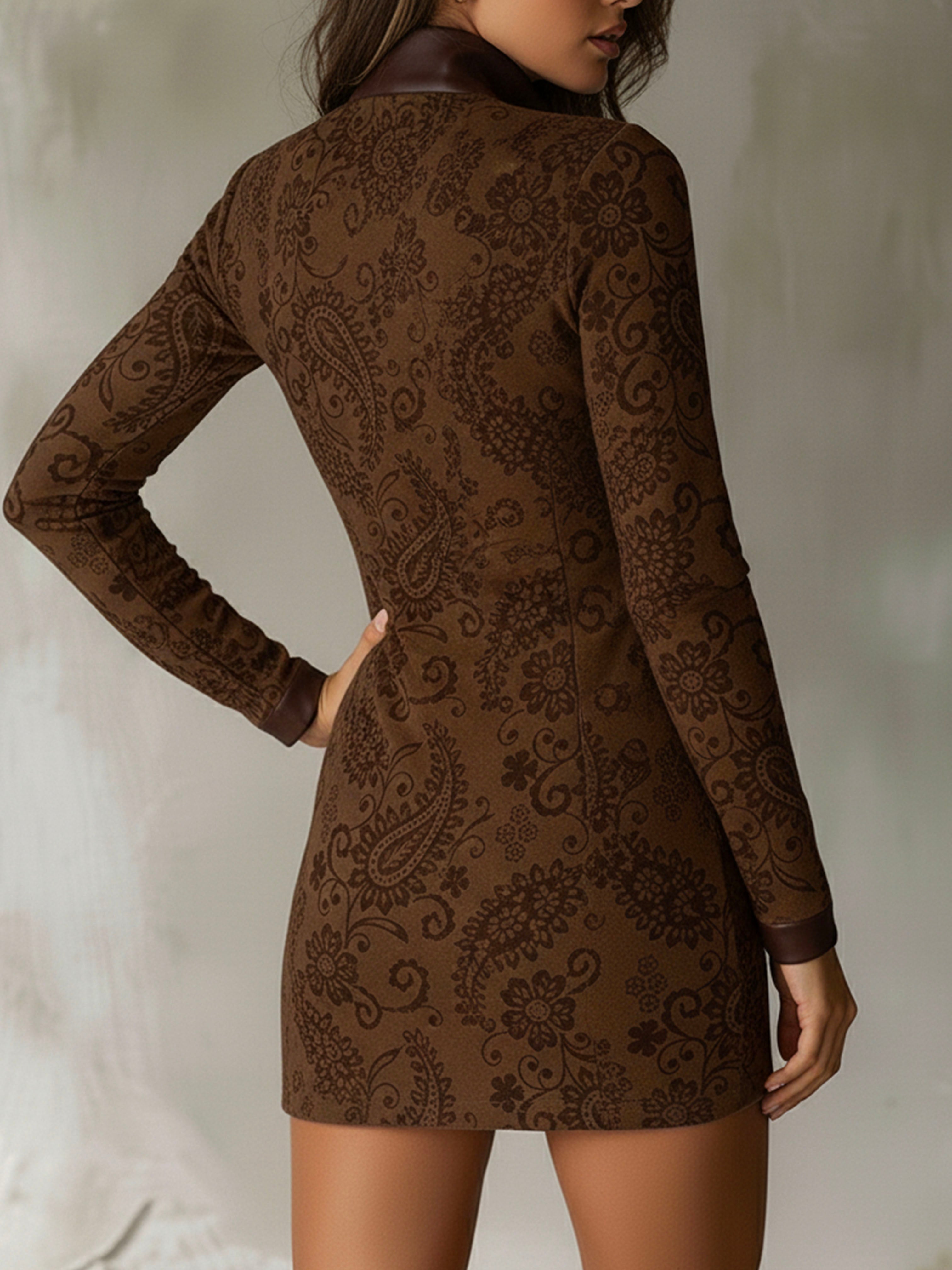 Vintage Zipper Paisley Jacquard Mini Dress With Leather Trim