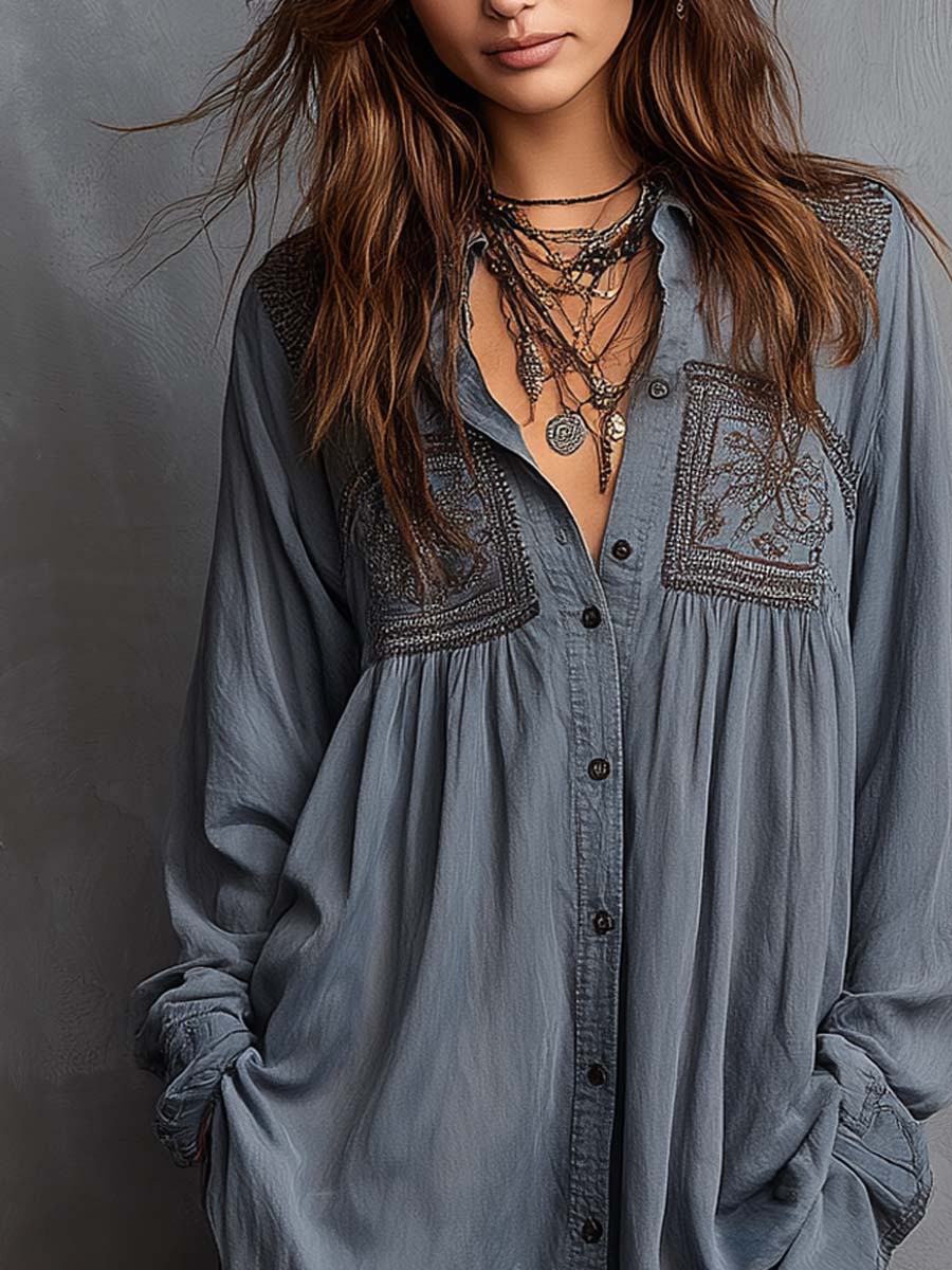 Retro Embroidered Loose-fitting Shirt Mini Dress