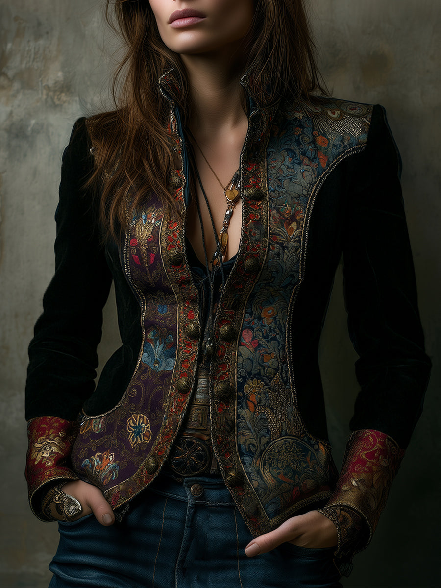 Quiet Luxury Velvet Stitching Stand Collar Slim Fit Blazer