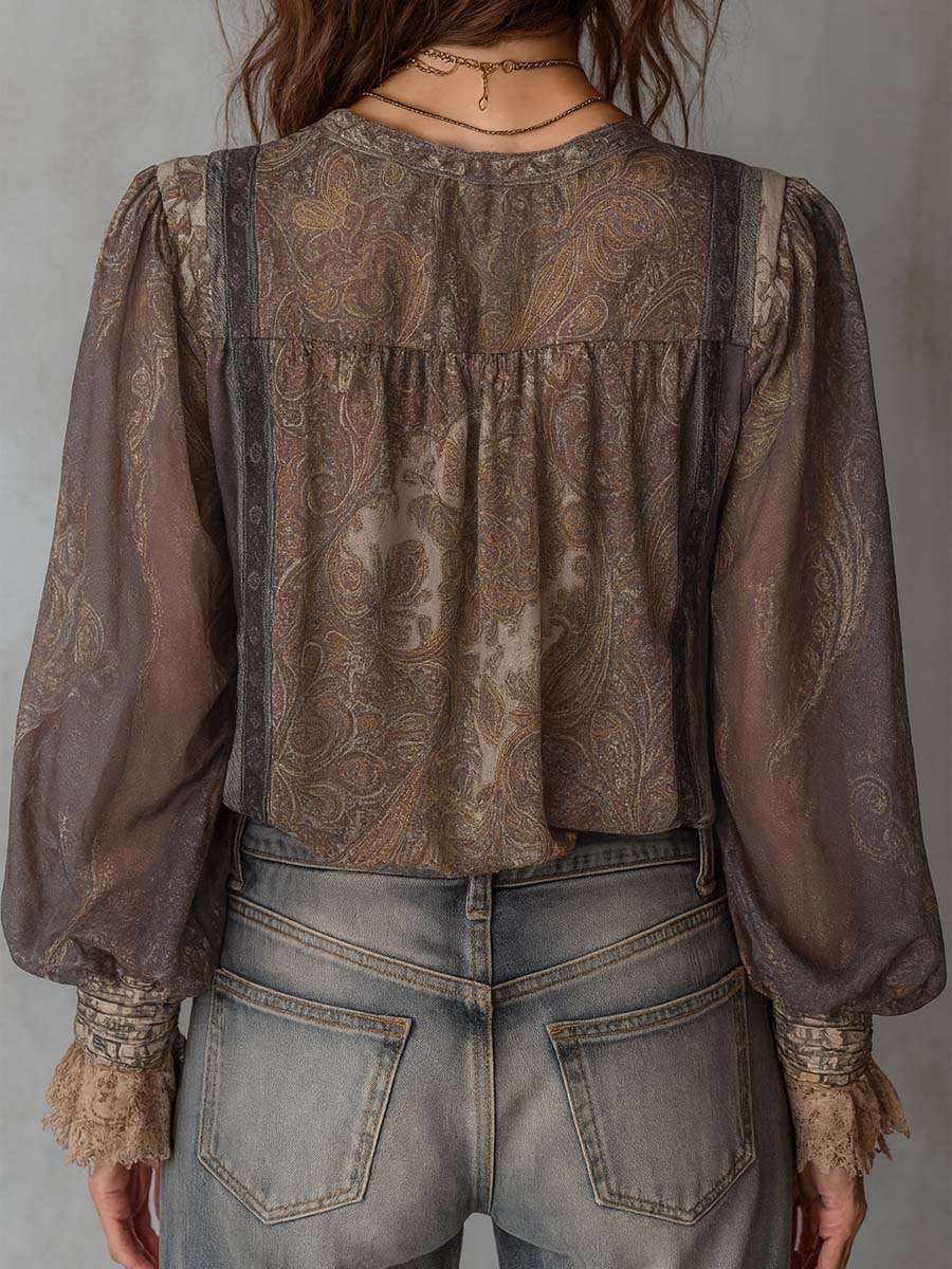 Vintage Paisley Sheer Blouse With Lace Cuff Detailing